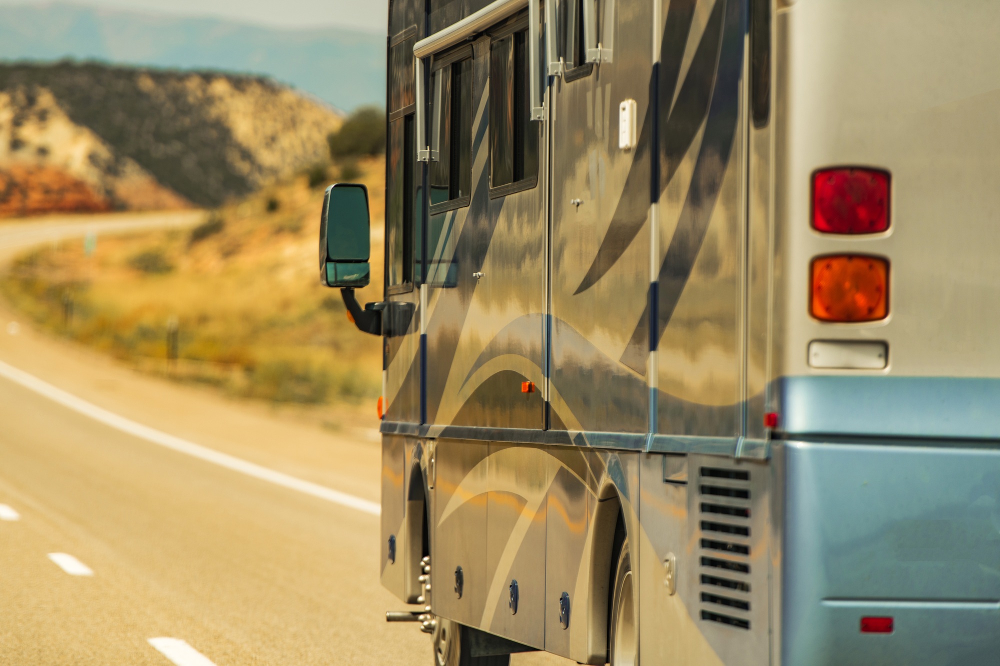 Diesel Pusher RV Motor Coach on a Highway